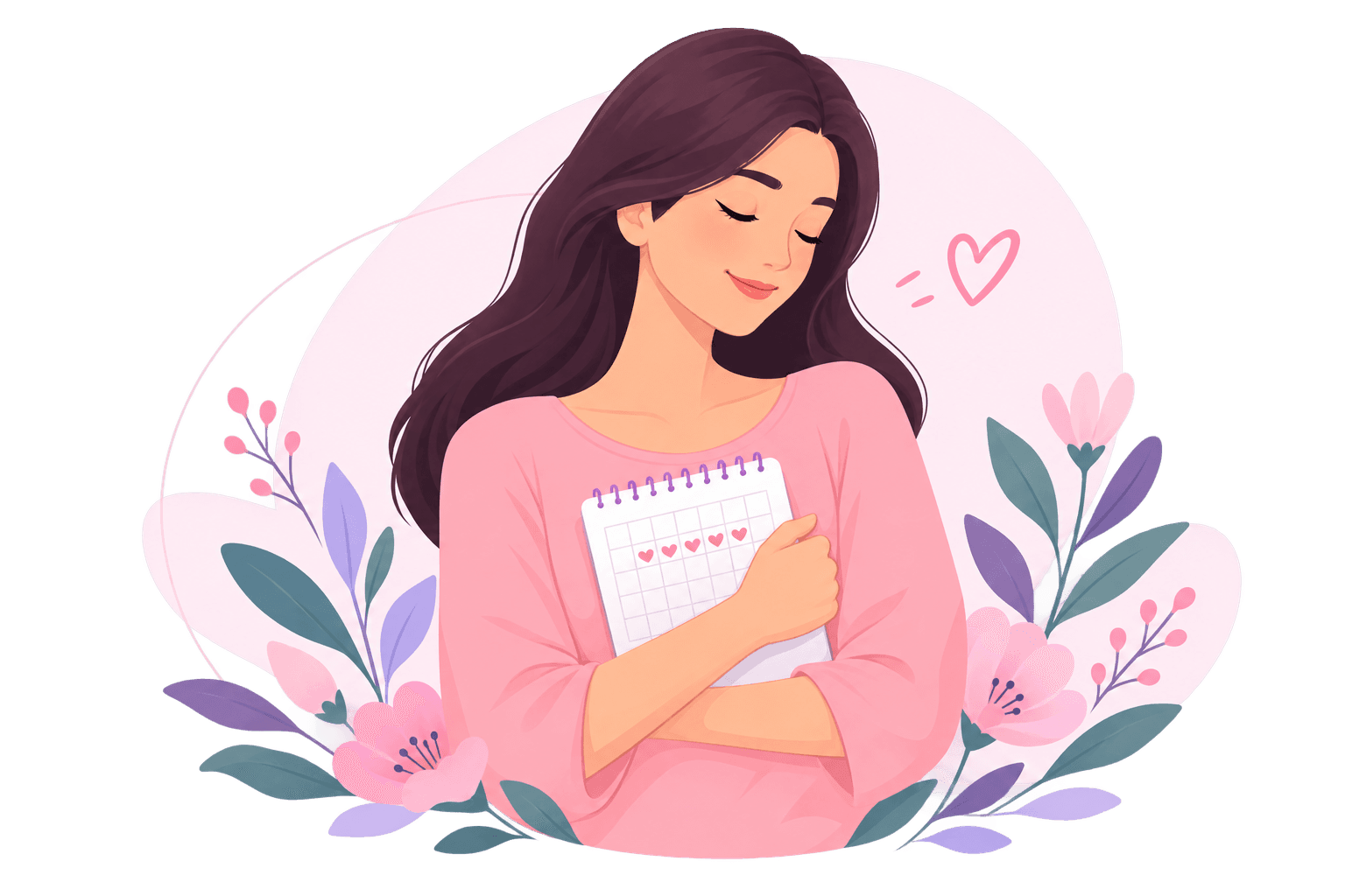 Illustration of a woman holding a period calendar, surrounded by flowers